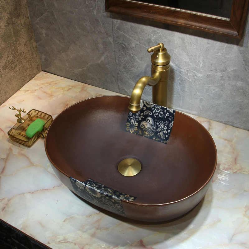 Antique Blue Floral Ceramic Oval Vessel Sink – Vintage Farmhouse Countertop Basin, Jingdezhen Art Wash Bowl for Bathroom, Balcony, B&B