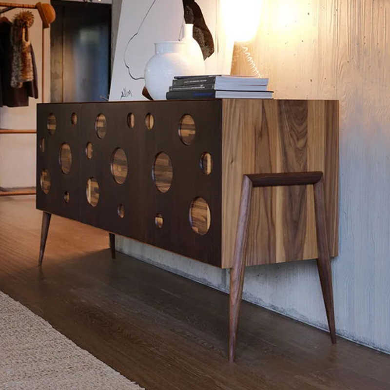Italian Mid-Century Modern Sideboard with Circular Cut-Out Design, Walnut Wood Credenza with Tapered Legs, Contemporary Storage Cabinet