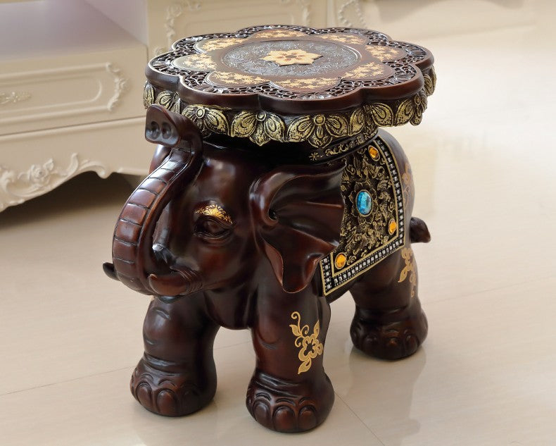 Creative Elephant Stools Set, European Style Shoe Changing Stools, Living Room Fortune Decorative Ornaments, Housewarming Gift - Wood-Grain Finish Set (Trunk Up + Trunk Down)