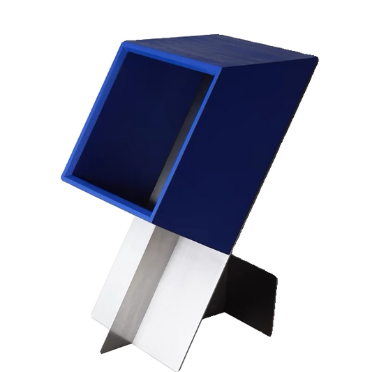 Klein Blue & Stainless Steel Modern Magazine Side Table – Minimalist Designer Display Shelf, Accent Cabinet