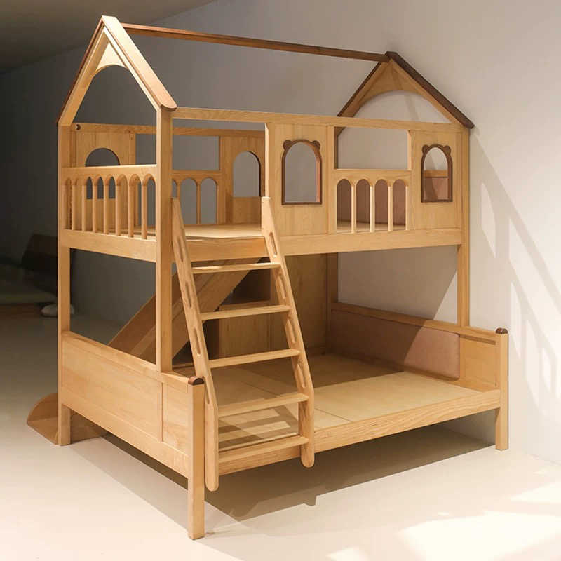 Solid Wood House Bunk Bed with Slide – Twin Over Full Playhouse Kids Bed, Natural Wood Children's Bedroom Furniture, Multi-Function Loft Bed for Boys and Girls