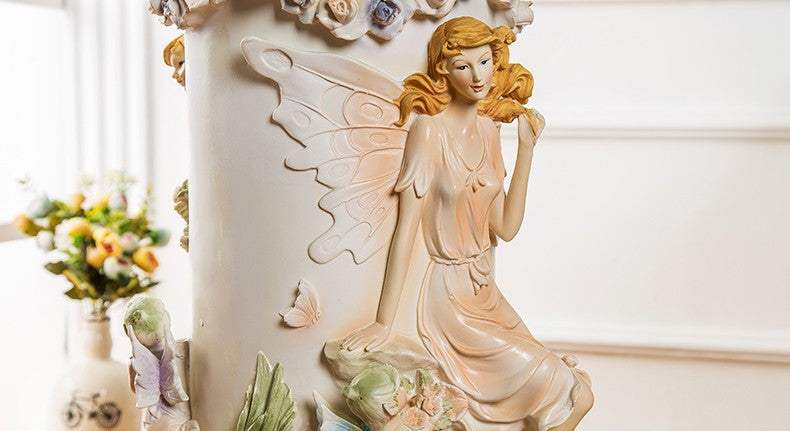 Ornate European Angel Decorative Column Pedestal, Hand-Painted Porcelain Roman Pillar Plant Stand with Floral Details, Luxury Home Display Sculpture