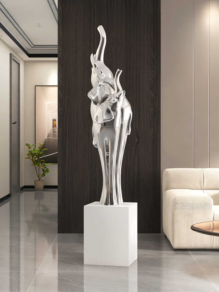 Large Silver Chrome Elephant Floor Sculpture – Modern Luxury Abstract Art Decor for Living Room, Entryway, or Office
