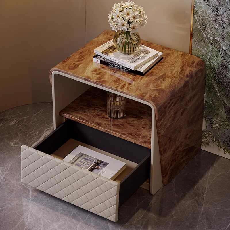 Italian Luxury Modern Nightstand – Designer Burl Wood Veneer with Quilted Leather Drawer, Contemporary Bedroom Storage Furniture