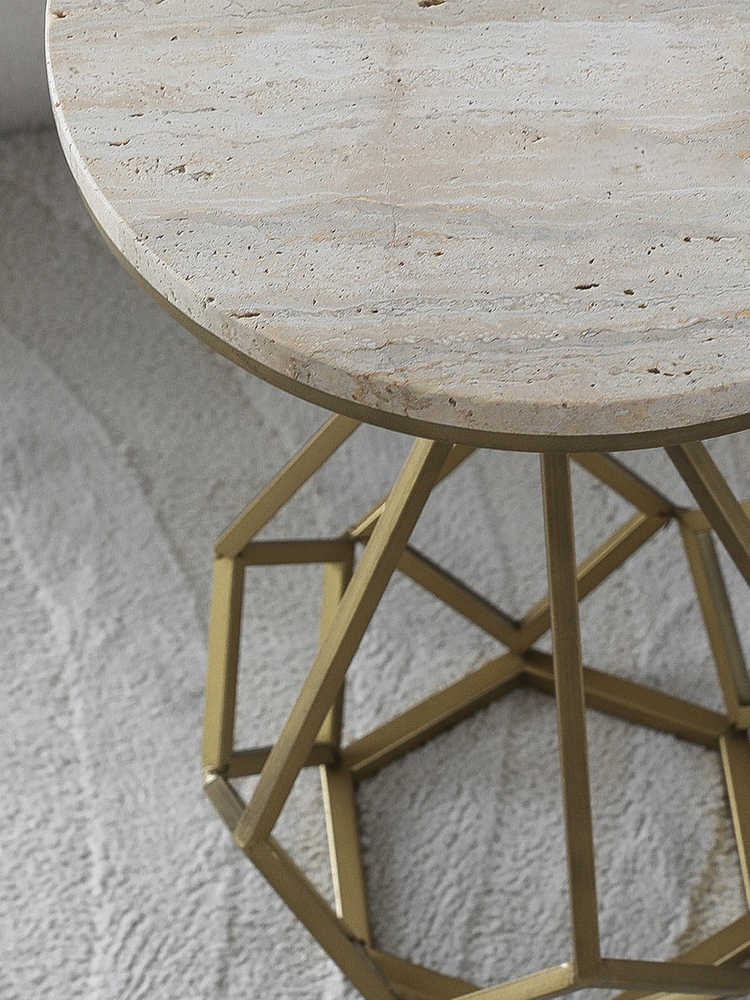 Minimalist Natural Yellow Travertine Marble Side Table, Luxury Geometric Gold Metal Accent Table for Living Room & Sofa