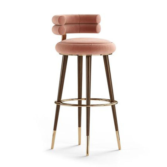 Luxury Modern Nordic Bar Stool – Solid Wood & Gold Metal Velvet Upholstered High Chair, Designer Scandinavian Counter Stool for Kitchen Island, Reception, Dining, Hotel, Blush Pink