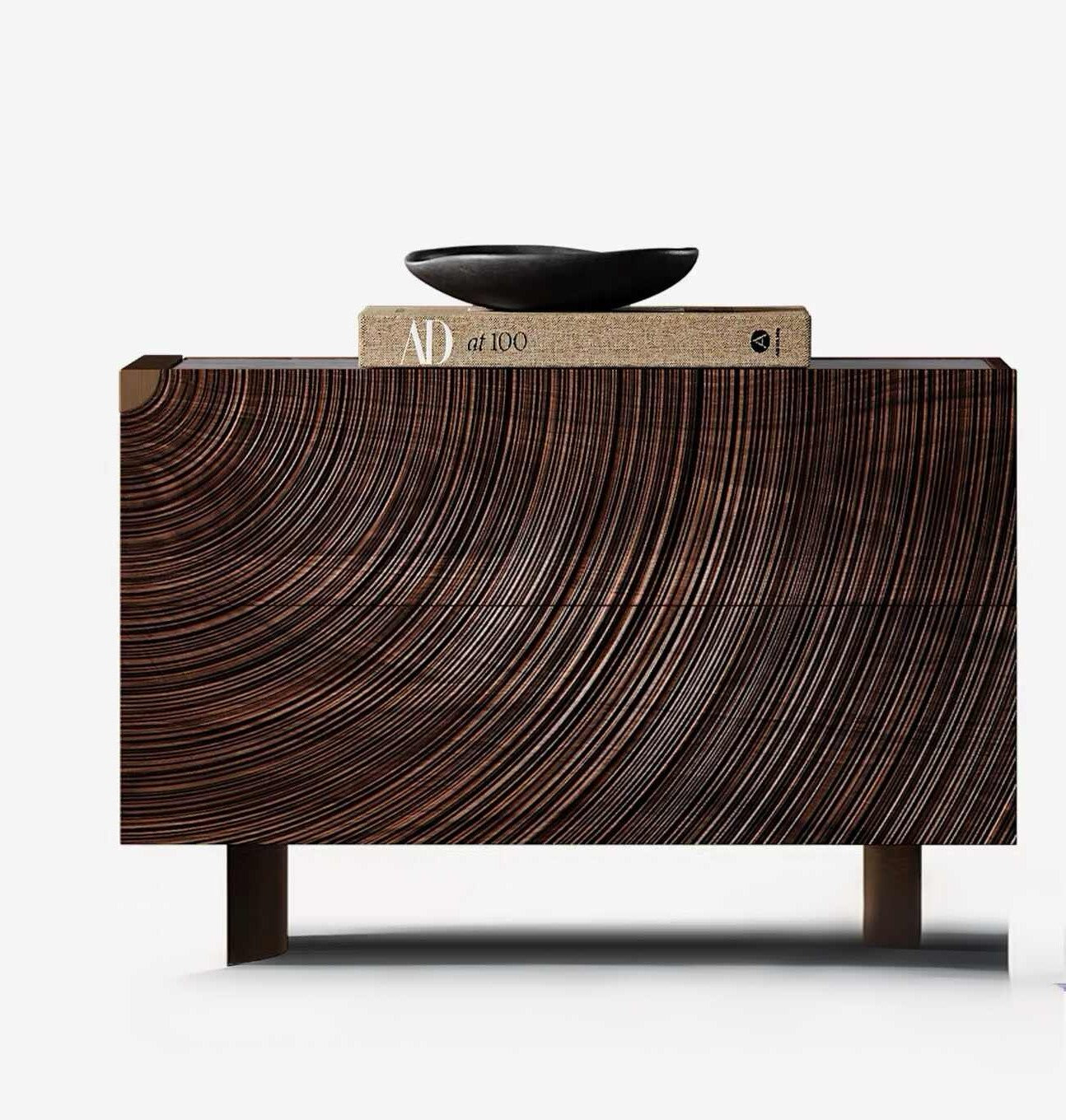 Luxury Ripple Pattern Walnut Bedside Table – Modern Designer Nightstand with White Marble Top, Hand-Carved Artistic Bedroom Accent