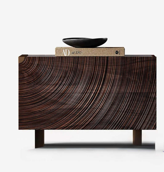 Luxury Ripple Pattern Walnut Bedside Table – Modern Designer Nightstand with White Marble Top, Hand-Carved Artistic Bedroom Accent