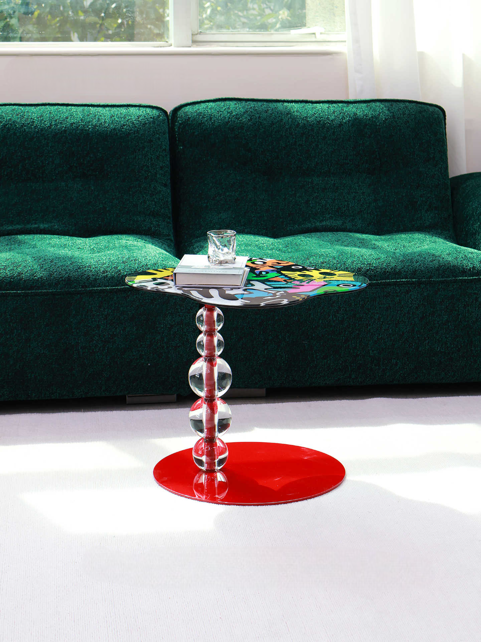 Dopamine Graffiti Glass Side Table, Artistic Modern Sofa End Table with Bold Patterned Top for Living Room or Balcony