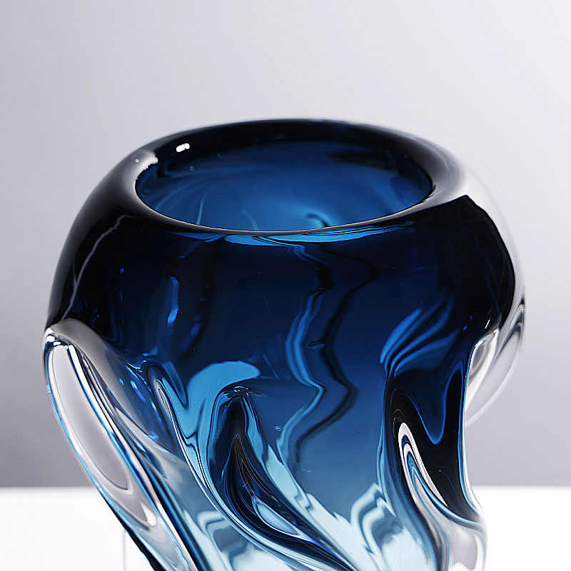 Luxury Blue Art Glass Vase, Modern Minimalist Home Decor, Sculptural Desktop Flower Vessel for Living Room & Entryway