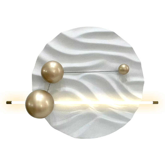 Modern Minimalist 3D Round Wall Art with Lighting – Sculptural Sandstone Relief, Gold Metal Spheres, Warm White Plug-in