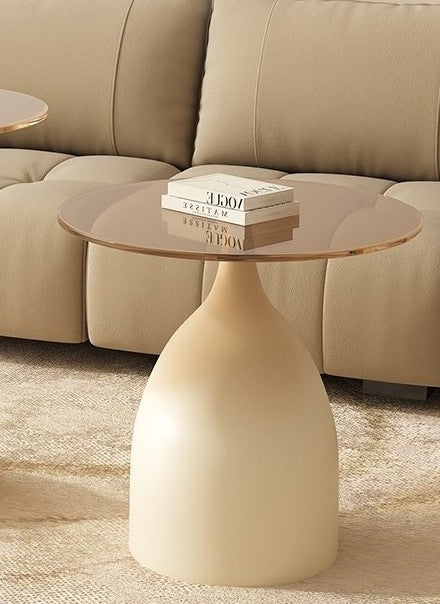 Modern Glass Low Side Table – Thick Tempered Glass Top, White Carbon Steel Pedestal, Minimalist Sofa End Table