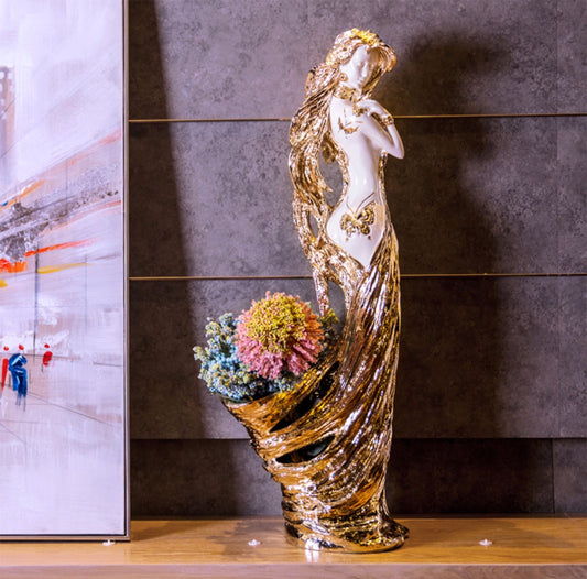 Luxury Lady Resin Floor Sculpture – Elegant Gold Art Figurine for Living Room, Lobby, or Hotel Entryway Décor