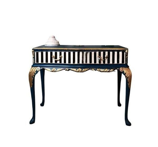 Neoclassical Striped Console Table – Light Luxury Entryway Accent, Blue Gold Decorative Hallway Table