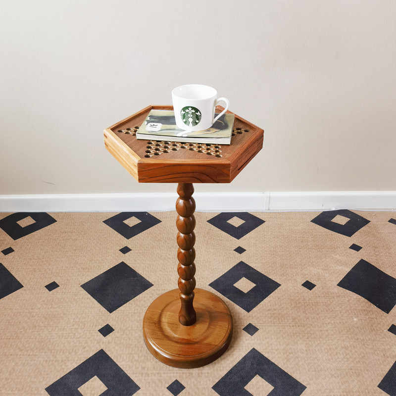 Walnut Wood Checkers Side Table with Storage Drawer, Nordic Style Hexagonal Game Table with Turned Pedestal Base