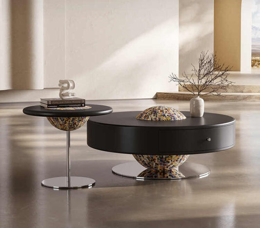 Patent Design Cream Style Coffee Table Set – Italian Minimalist Matte Black with Mosaic Sphere Accents, Contemporary Living Room Furniture