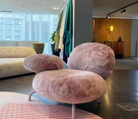 French Luxury Faux Rabbit Fur Lounge Chair, Designer Pink Cipria Pouf Sofa, Modern Glam Single Accent Armchair