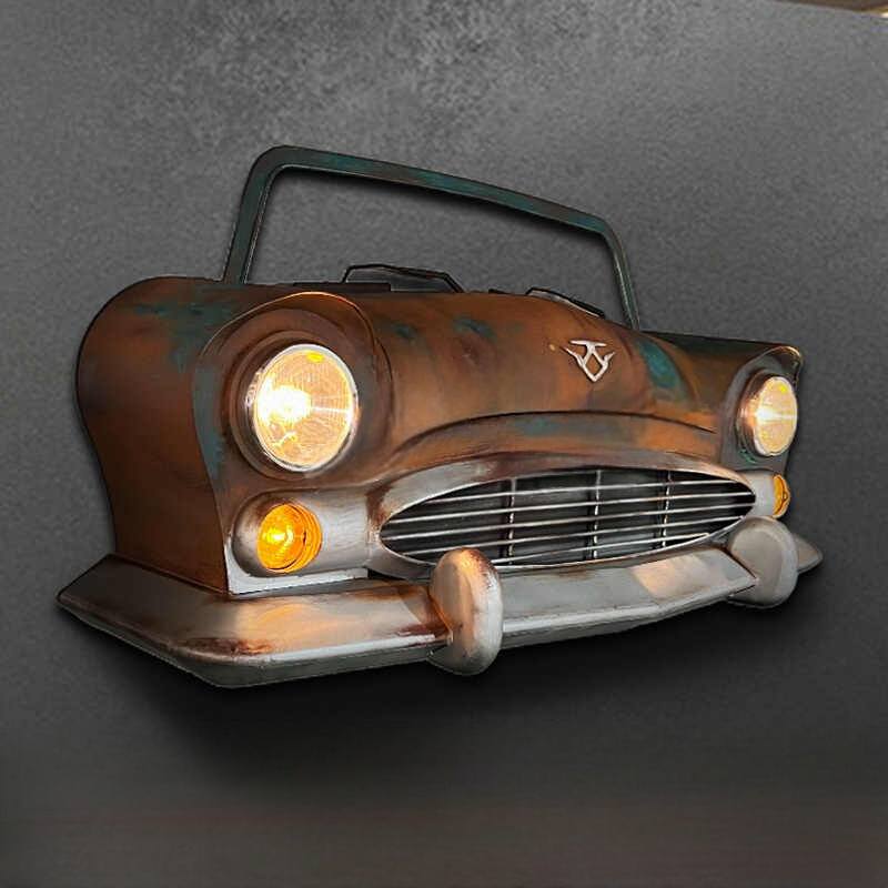 Vintage Industrial Metal Car Wall Art – Large 3D Classic Car Front Hanging, Retro Bar & Restaurant Decor, Handcrafted Storage Box Prop with Lights