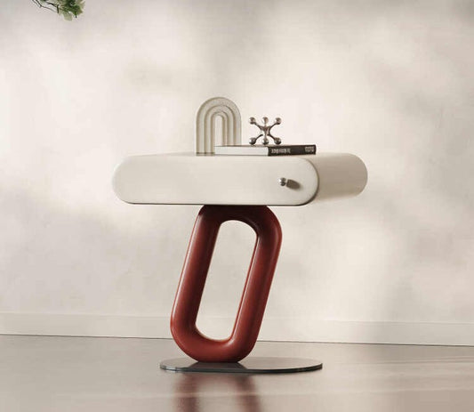 Italian Minimalist Nightstand – Sculptural Cream Design with Curved Pedestal Base, Contemporary Luxury Bedroom Storage