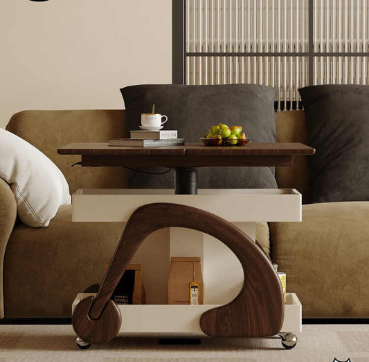 Adjustable Height Walnut Coffee Table with Wheels – Movable Mid-Century Modern Folding Side Table, Small Space Living Room Utility Cart