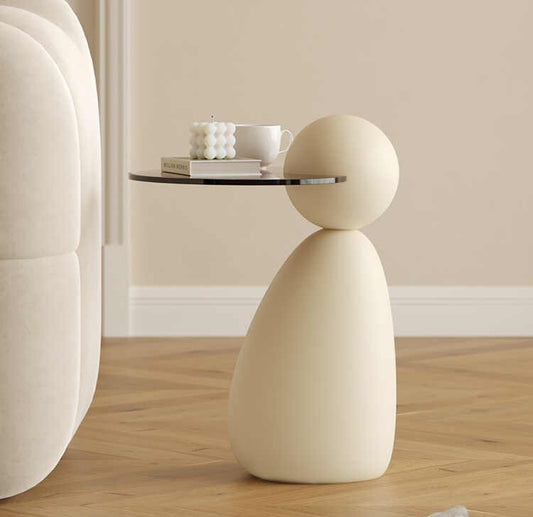 French Cream Style Glass Sculptural Side Table, Modern Minimalist End Table for Small Spaces & Bedside Use