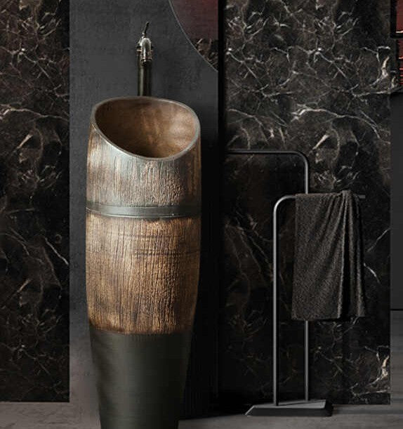 Compact Freestanding Pedestal Basin, Wood-Style Column Wash Basin for Small Balcony Outdoor Garden, Integrated Floor Standing Sink