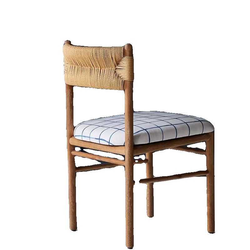 Rattan Back Dining Chair with Upholstered Cushion, Solid Wood Frame Vintage Style Cafe Chair, Natural Woven Accent Chair for Dining Room, Kitchen, Bedroom, Study, Restaurant, and Guest Room
