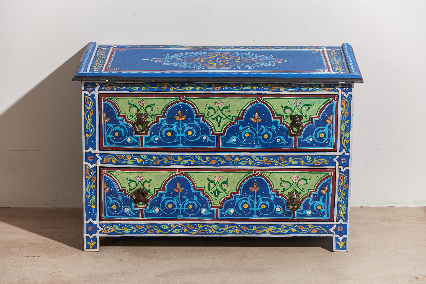 Moroccan Style Hand Painted 2 Drawer Chest, Blue Accent Storage Cabinet, Decorative Bedside Table, Entryway Cabinet, Living Room Side Cabinet for Bedroom and Hallway