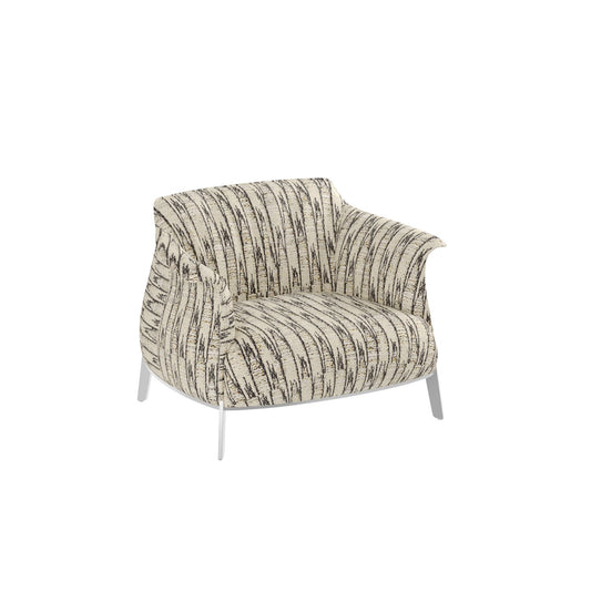 Ivory and Black Abstract Stripe Fabric Accent Armchair, Modern French-Inspired Curved Lounge Chair with Wraparound Arms and Slim Silver Legs for Living Room, Bedroom, Balcony and Reception Area