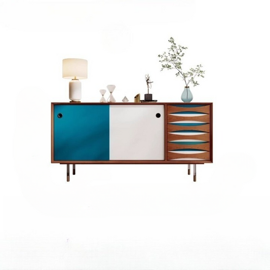 Blue and White Mid Century Style Sideboard Cabinet, 55 Inch Solid Wood Buffet Credenza with Sliding Doors and Wave Front Drawers, Modern Storage Cabinet for Dining Room, Living Room, Entryway, Hallway, and Kitchen