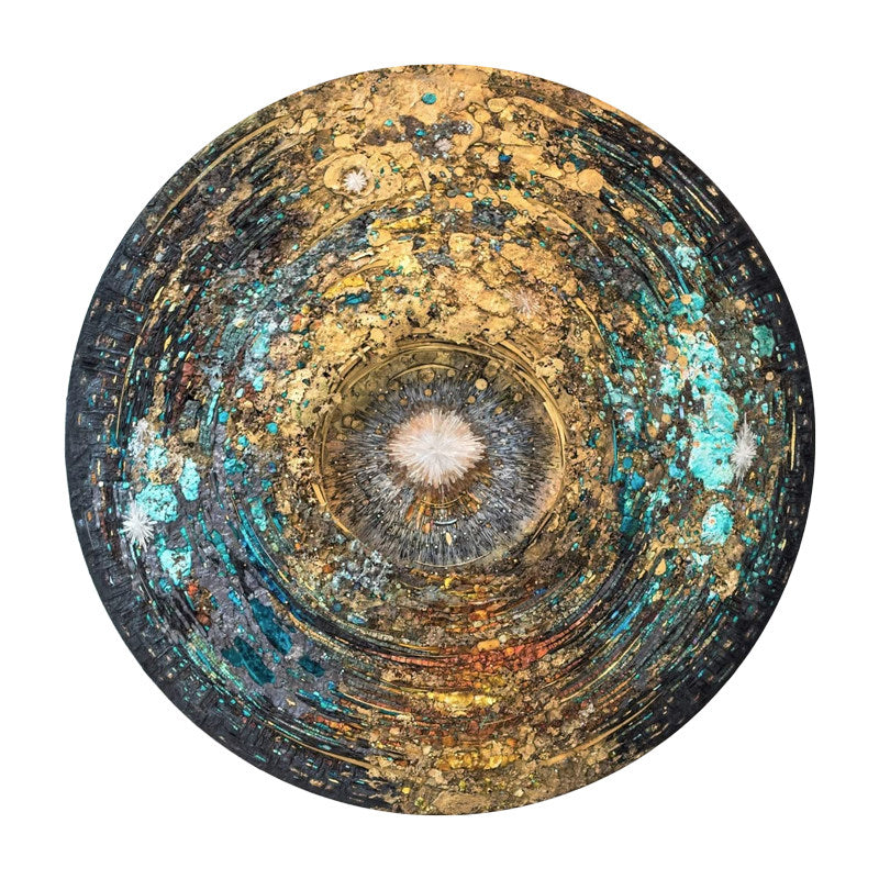 Round Abstract Wall Art 35.4 Inch, Hand Painted Textured Teal Gold Decor