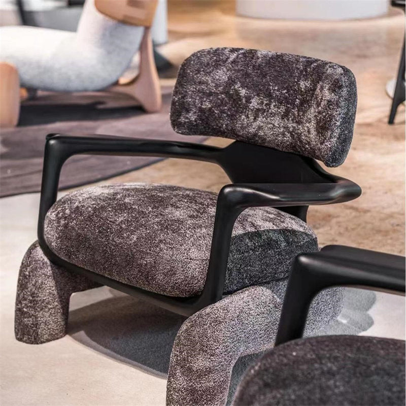 Modern Boucle Accent Chair, Deep Space Gray Upholstered Lounge Armchair with Sculptural Black Frame, Single Sofa Chair for Living Room, Bedroom, Reading Nook, Reception, Hotel, and Lounge Areas