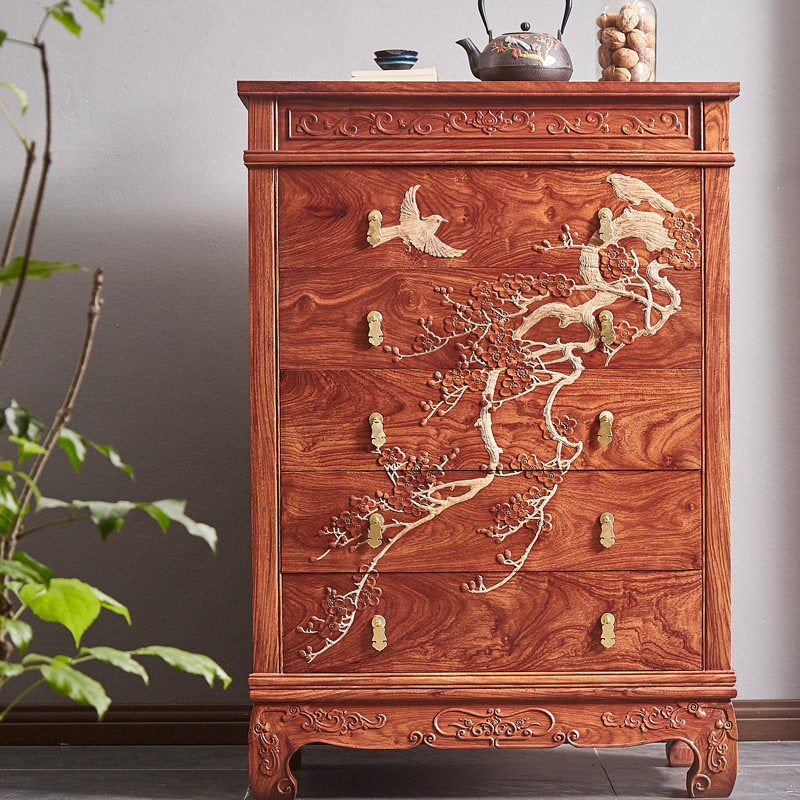 Tall Reddish Brown Solid Wood 5-Drawer Chest, Carved Floral and Bird Storage Dresser with Brass-Tone Pulls, Chinese-Inspired Accent Cabinet for Bedroom, Living Room, Entryway and Dining Room