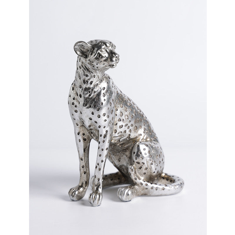 Silver Resin Leopard Sculpture, Spotted Sitting Big Cat Figurine with Metallic Textured Finish for Living Room, Entryway, Office Desk, Bookshelf, Console Table or Housewarming Gift