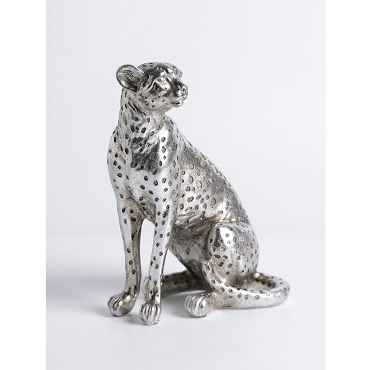 Silver Resin Leopard Sculpture, Spotted Sitting Big Cat Figurine with Metallic Textured Finish for Living Room, Entryway, Office Desk, Bookshelf, Console Table or Housewarming Gift