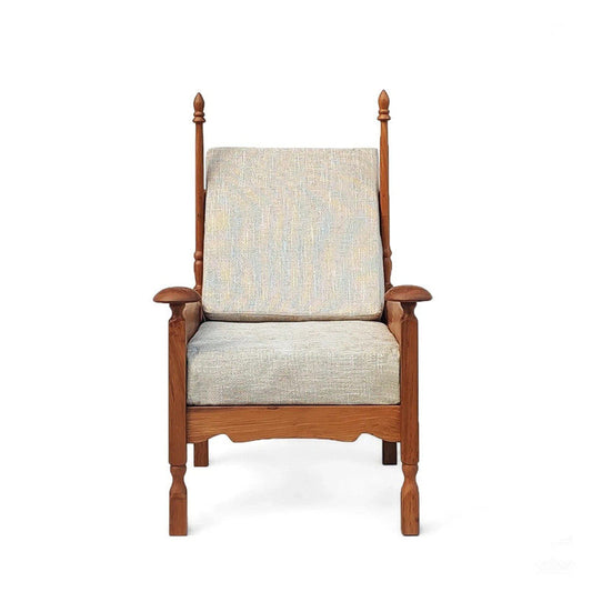 Vintage High Back Accent Chair, Walnut Wood Throne Style Armchair with Beige Upholstered Seat and Back, Designer Single Sofa Chair for Living Room, Bedroom, Reading Nook, Boutique Hotel and Statement Décor