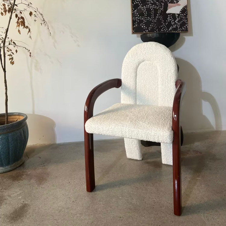 Cream Boucle Dining Chair with Curved Wood Arms, Upholstered Accent Armchair with Dark Brown Frame, Modern Vintage Dining Room Chair for Kitchen, Cafe, Study Desk, Bedroom, Living Room, and Small Spaces