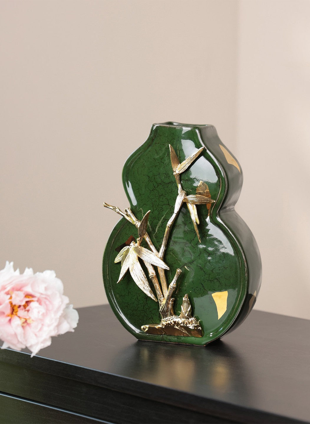 Green Ceramic Gourd Vase with Gold Bamboo Accent, Decorative Table Vase