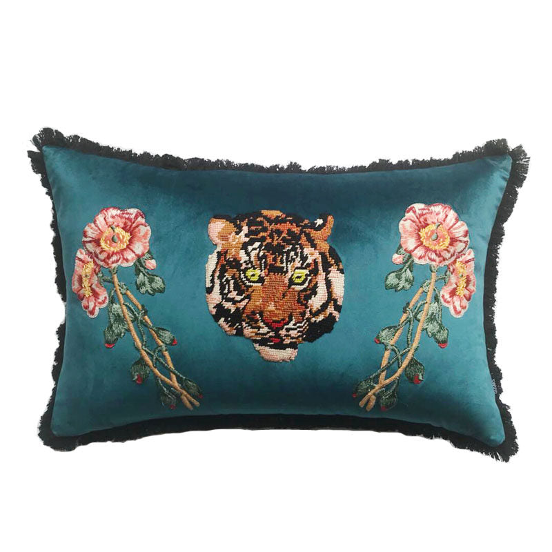 Teal Tiger Embroidered Lumbar Throw Pillow with Insert, Decorative Velvet Accent Pillow with Floral Embroidery and Black Fringe Trim for Sofa, Couch, Bed, Chair, Living Room Decor