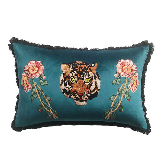 Teal Tiger Embroidered Lumbar Throw Pillow with Insert, Decorative Velvet Accent Pillow with Floral Embroidery and Black Fringe Trim for Sofa, Couch, Bed, Chair, Living Room Decor