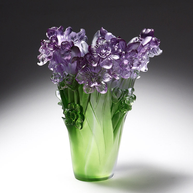Purple Art Glass Daffodil Vase with Sculpted Flowers, Green Decorative Vase