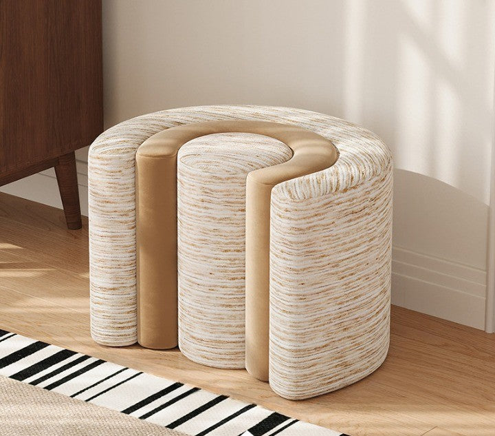 Round Upholstered Ottoman Stool, Cream Beige Boucle Shoe Bench with Khaki Accent Panels, Modern Vanity Stool, Entryway Bench, Footrest Pouf for Bedroom, Living Room, Closet, and Dressing Room