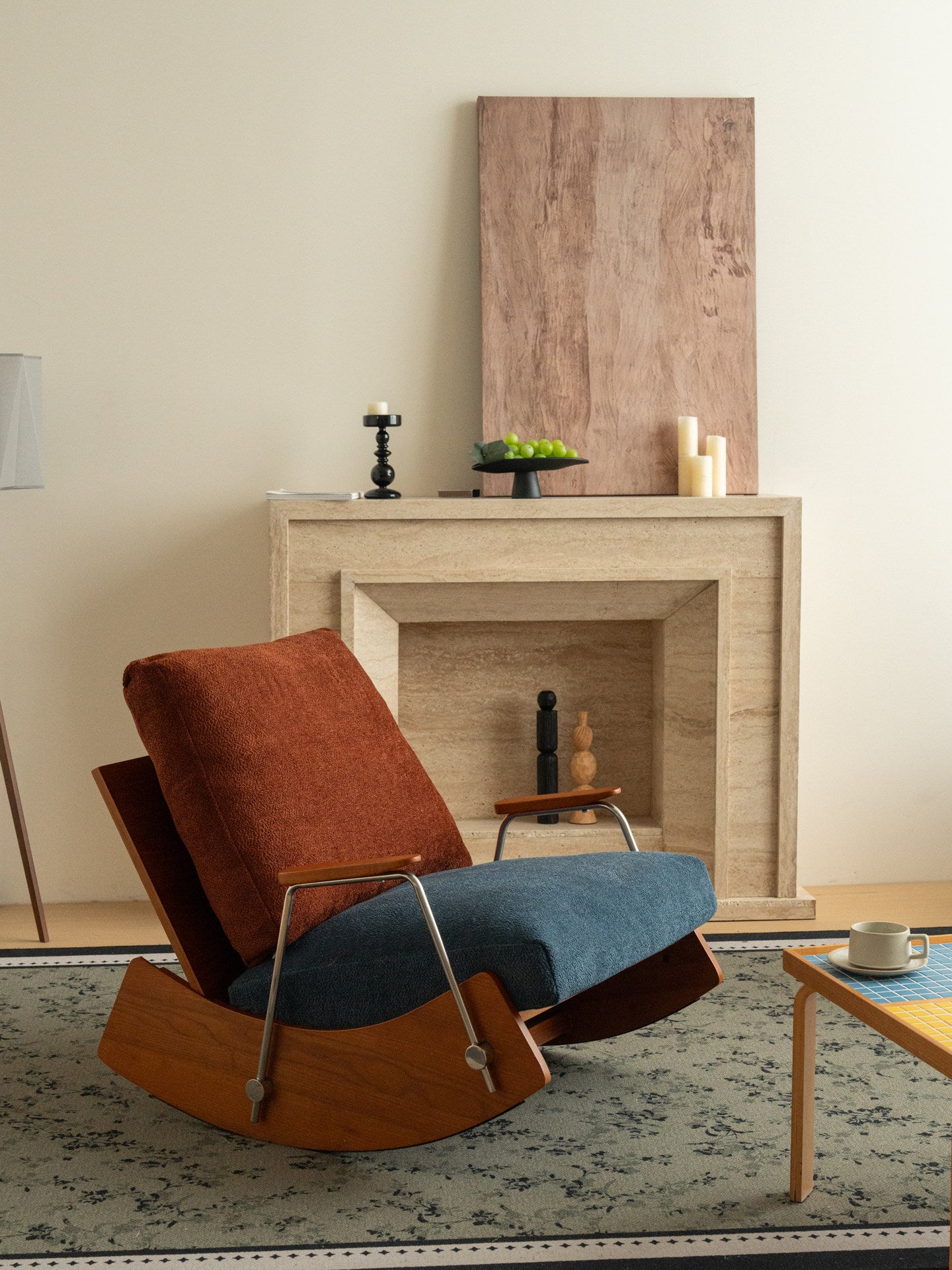 Two-Tone Upholstered Rocking Chair, Wood Frame Lounge Accent Chair