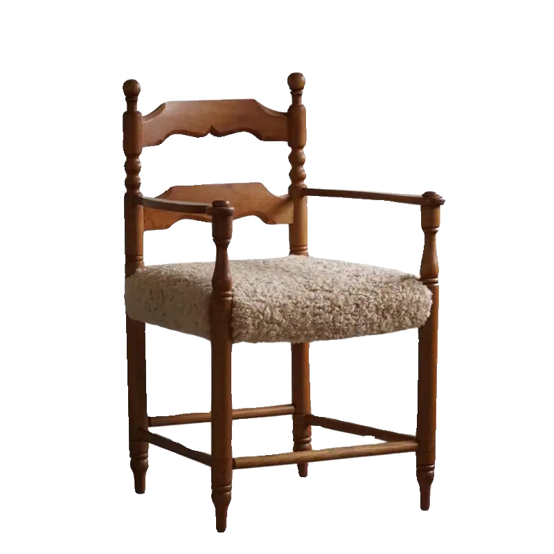 Vintage Solid Elm Wood Dining Armchair, Sherpa Upholstered Accent Chair with Carved Backrest, Rustic French Country Wooden Arm Chair for Dining Room, Living Room, Bedroom, Study, and Reception