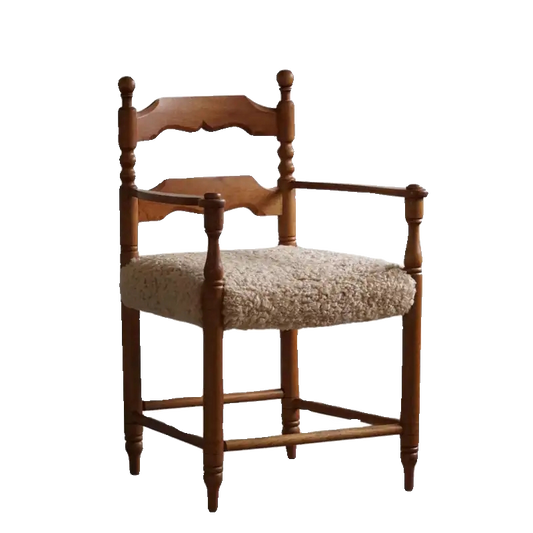 Vintage Solid Elm Wood Dining Armchair, Sherpa Upholstered Accent Chair with Carved Backrest, Rustic French Country Wooden Arm Chair for Dining Room, Living Room, Bedroom, Study, and Reception