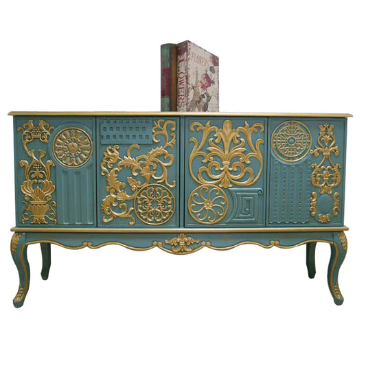 Teal Solid Wood Sideboard, Gold-Tone Carved 4-Door Storage Cabinet