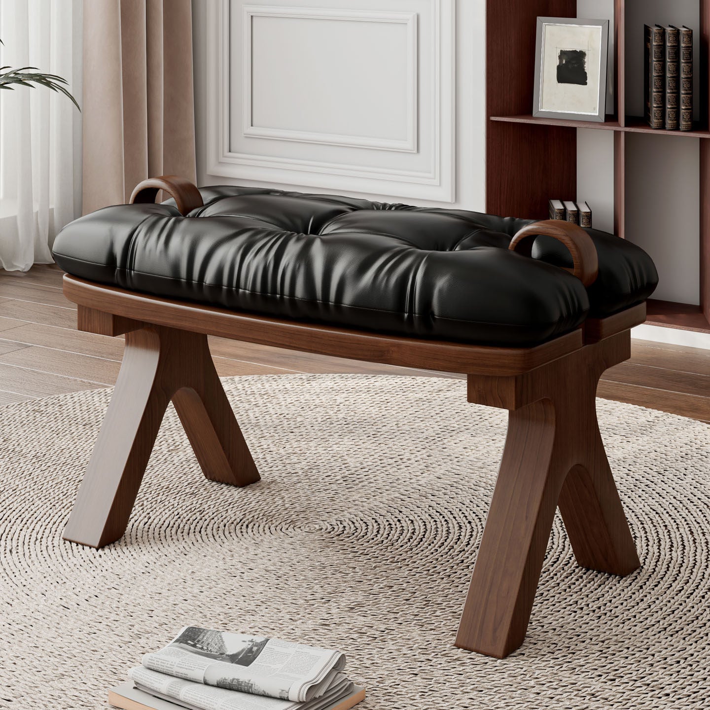 Black Leather Entryway Bench with Wood Frame, Tufted Shoe Changing Stool