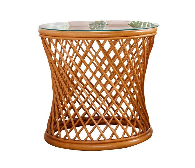 Natural Rattan Accent Chair and Side Table Set, Handwoven Wicker Lounge Chair with Curved Back and Round Glass Top End Table, Boho Indoor Seating Set for Balcony, Sunroom, Living Room, Bedroom and Tea Corner