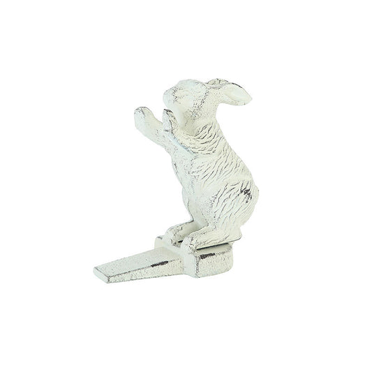 Cast Iron Rabbit Door Stop, Distressed White Indoor Outdoor Decor
