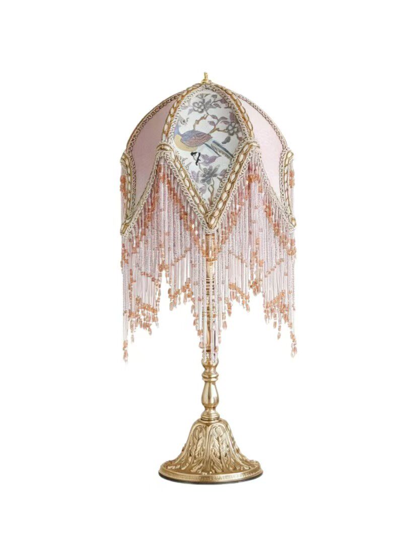 Peach Pink Vintage Fringe Table Lamp, 19.7 Inch French Style Bedside Lamp with Floral Bird Fabric Shade, Beaded Tassel Accent Lamp with E27 Socket for Bedroom, Living Room, Study
